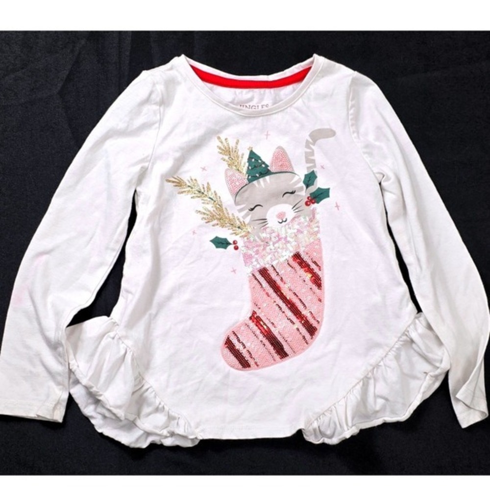 Kids Jingle & Joy White Long Sleeve Cat Christmas Stocking Sequin Ruffle‎ 5-6